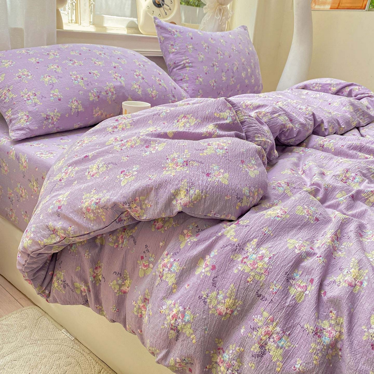 91家纺网 家纺一手货源 找家纺 眠势力 2025新款云感双层纱被套三件套ins奶油风云感超柔被罩单件四季款 紫色花海