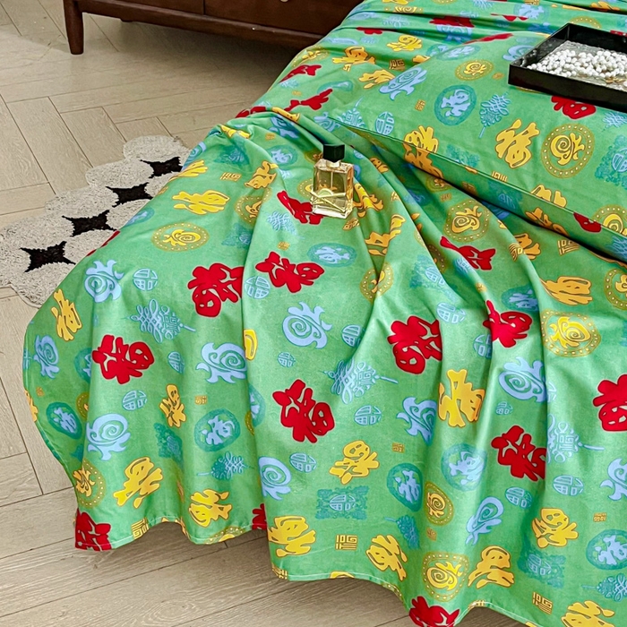 91家纺网 家纺一手货源 找家纺 优米家纺 2025新款水洗棉百福印花床单系列 百福图（绿）