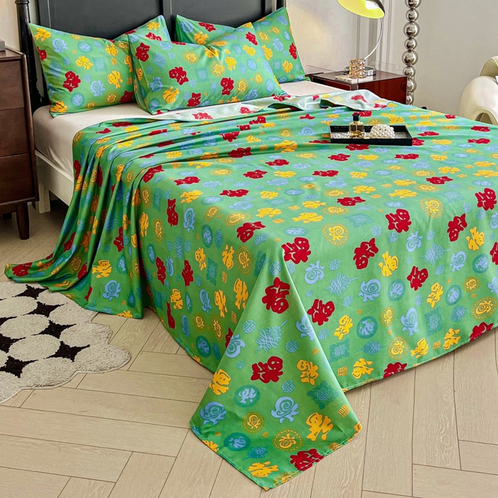 91家纺网 家纺一手货源 找家纺 优米家纺 2025新款水洗棉百福印花床单系列 百福图（绿）