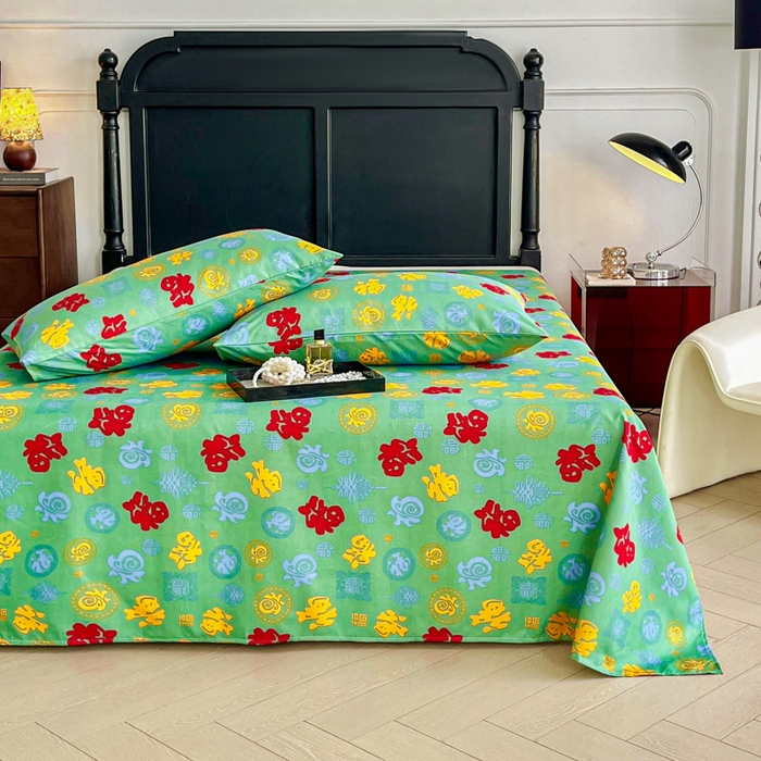 91家纺网 家纺一手货源 找家纺 优米家纺 2025新款水洗棉百福印花床单系列 百福图（绿）