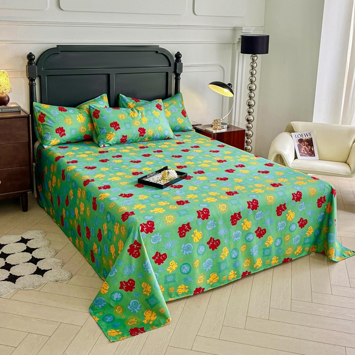 91家纺网 家纺一手货源 找家纺 优米家纺 2025新款水洗棉百福印花床单系列 百福图（绿）