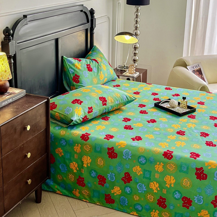 91家纺网 家纺一手货源 找家纺 优米家纺 2025新款水洗棉百福印花床单系列 百福图（绿）