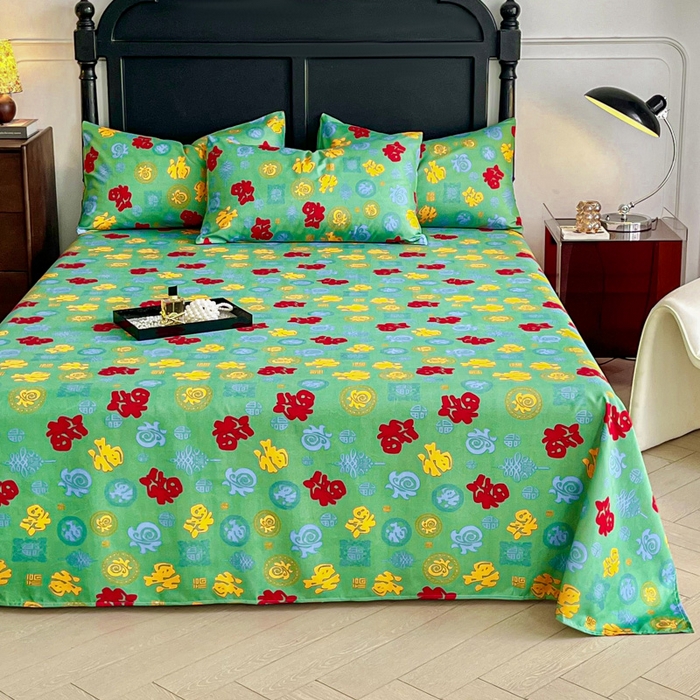 91家纺网 家纺一手货源 找家纺 优米家纺 2025新款水洗棉百福印花床单系列 百福图（绿）