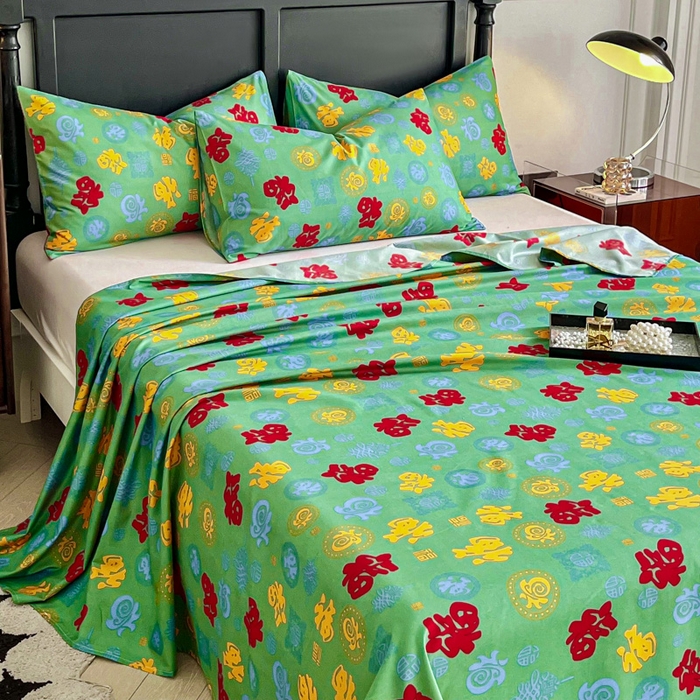 91家纺网 家纺一手货源 找家纺 优米家纺 2025新款水洗棉百福印花床单系列 百福图（绿）
