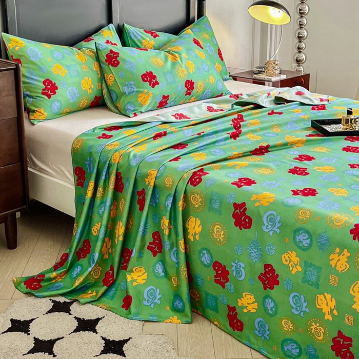 91家纺网 家纺一手货源 找家纺 优米家纺 2025新款水洗棉百福印花床单系列 百福图（绿）