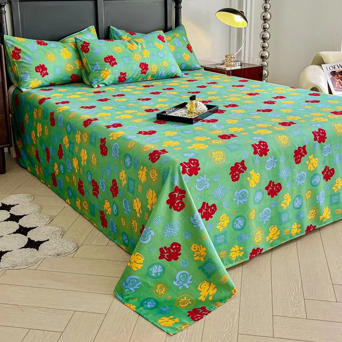 91家纺网 家纺一手货源 找家纺 优米家纺 2025新款水洗棉百福印花床单系列 百福图（绿）