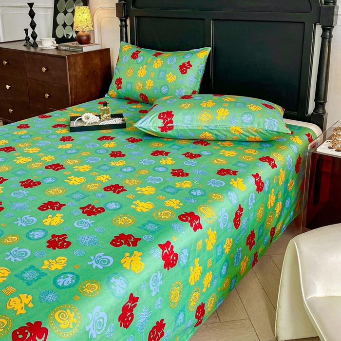 91家纺网 家纺一手货源 找家纺 优米家纺 2025新款水洗棉百福印花床单系列 百福图（绿）