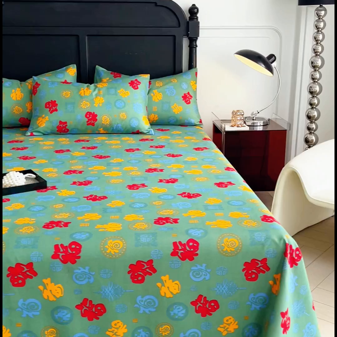91家纺网 家纺一手货源 找家纺 优米家纺 2025新款水洗棉百福印花床单系列 百福图（绿）