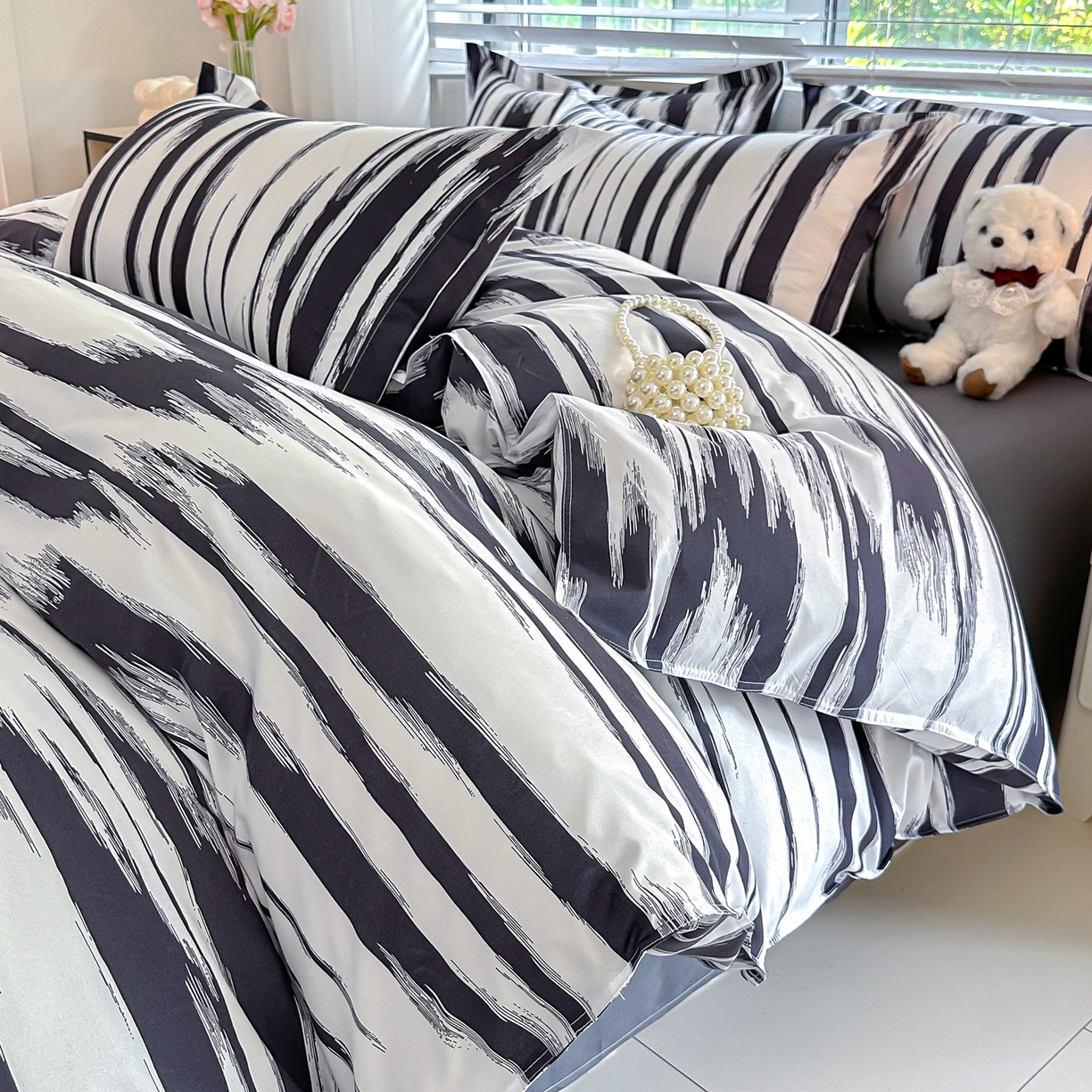 91家纺网 家纺一手货源 找家纺 楠沐家纺 2025新款格子芦荟棉磨毛四件套 水波纹