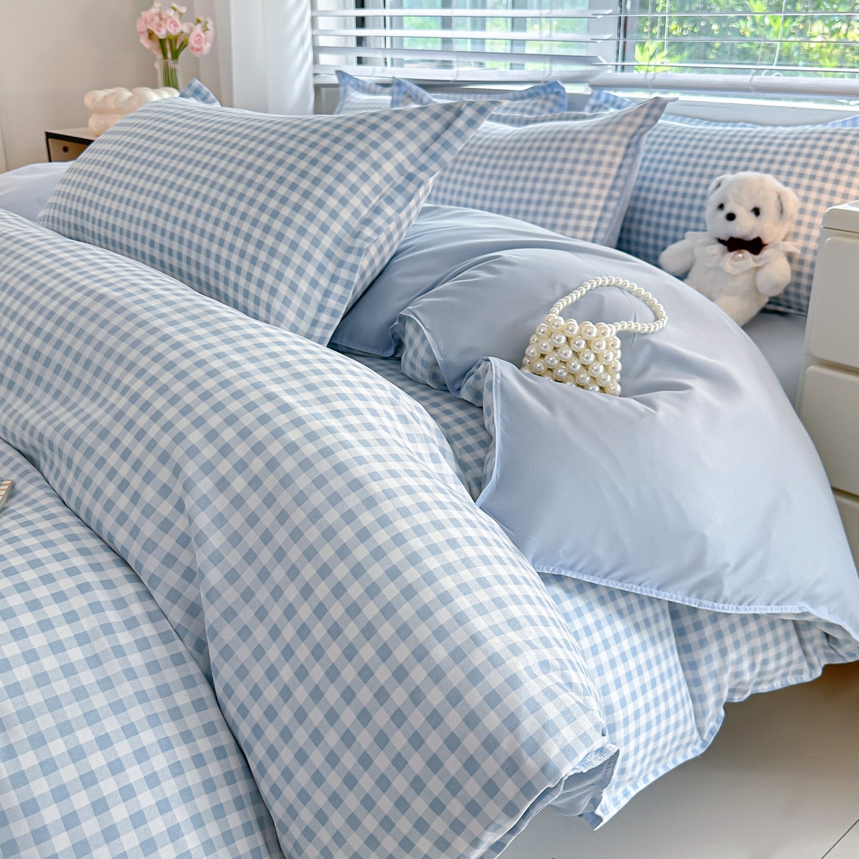 91家纺网 家纺一手货源 找家纺 楠沐家纺 2025新款格子芦荟棉磨毛四件套 心动蓝