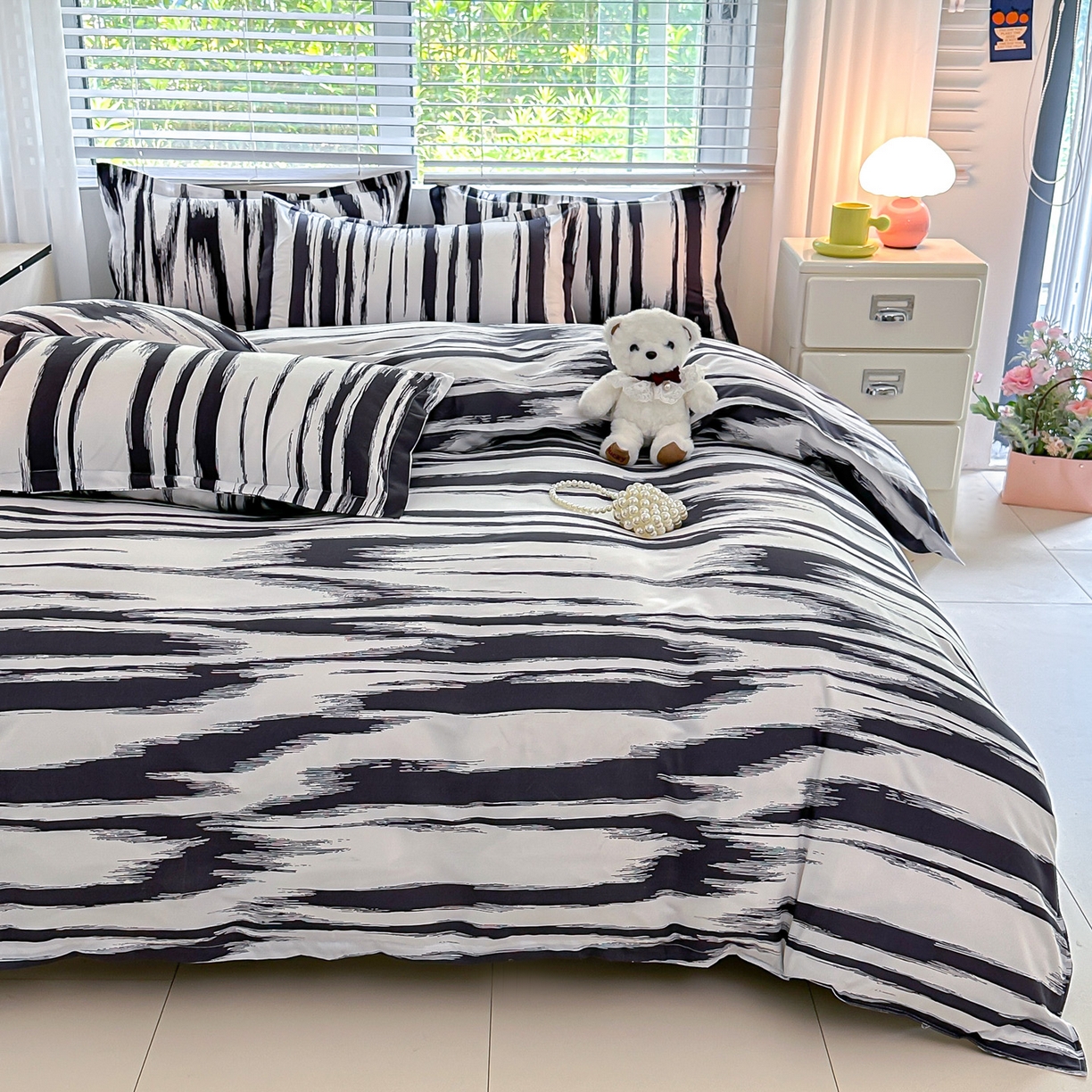 91家纺网 家纺一手货源 找家纺 楠沐家纺 2025新款格子芦荟棉磨毛四件套 水波纹