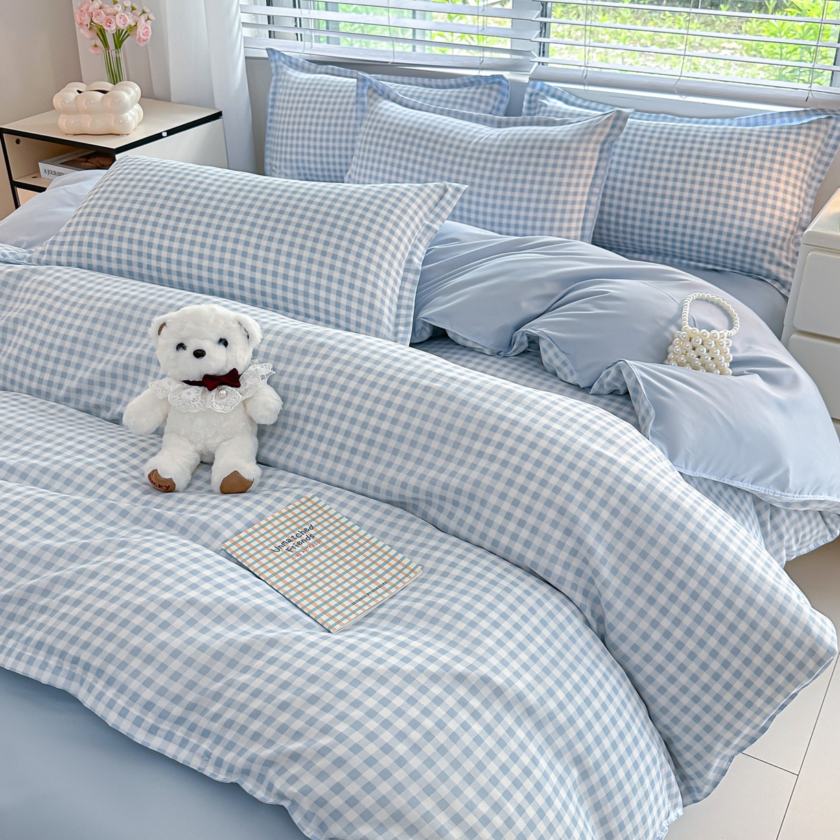 91家纺网 家纺一手货源 找家纺 楠沐家纺 2025新款格子芦荟棉磨毛四件套 心动蓝