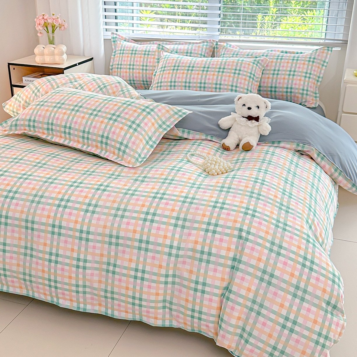 91家纺网 家纺一手货源 找家纺 楠沐家纺 2025新款格子芦荟棉磨毛四件套 冰淇淋格