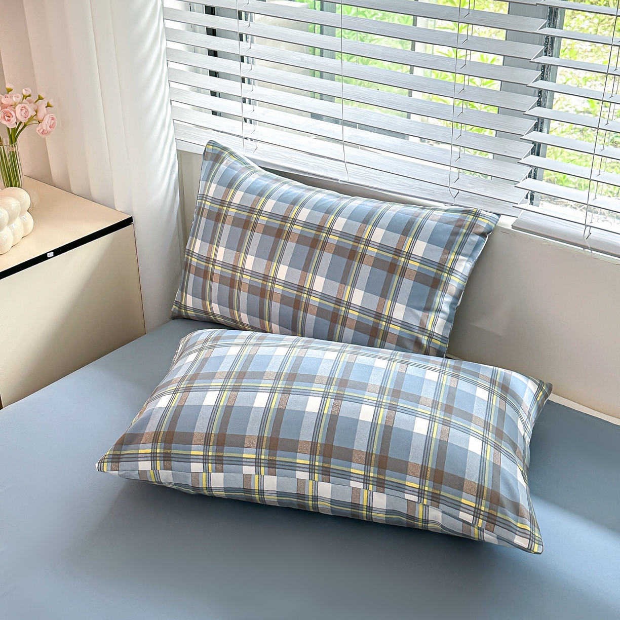 91家纺网 家纺一手货源 找家纺 （总）楠沐家纺 2025新款无印风格子亲肤芦荟棉磨毛四件套