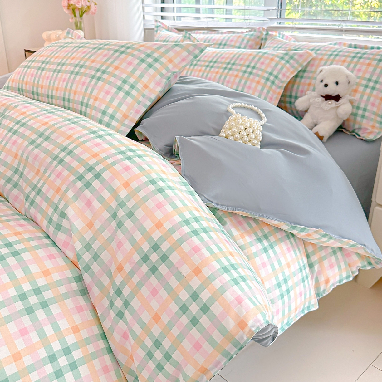 91家纺网 家纺一手货源 找家纺 楠沐家纺 2025新款格子芦荟棉磨毛四件套 冰淇淋格