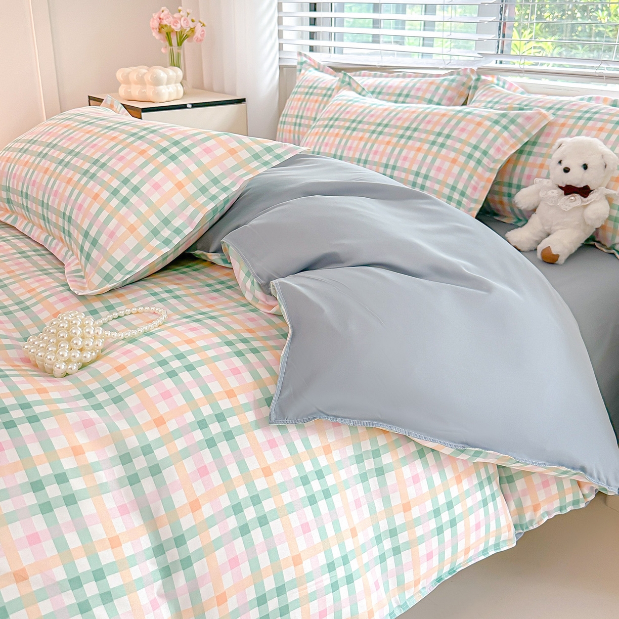 91家纺网 家纺一手货源 找家纺 楠沐家纺 2025新款格子芦荟棉磨毛四件套 冰淇淋格