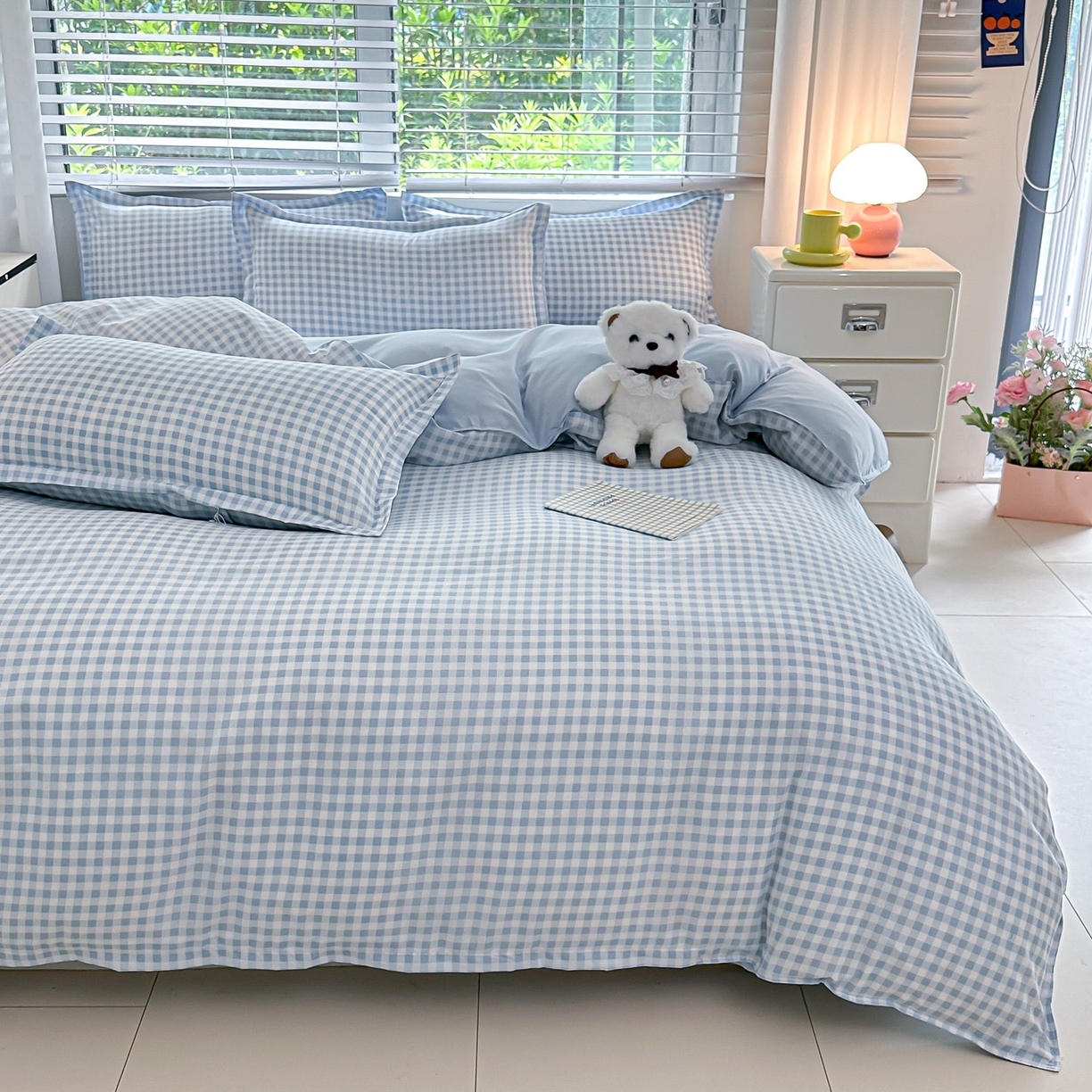 91家纺网 家纺一手货源 找家纺 楠沐家纺 2025新款格子芦荟棉磨毛四件套 心动蓝