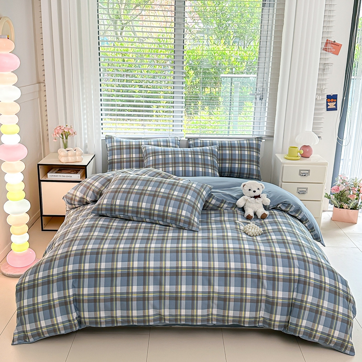 91家纺网 家纺一手货源 找家纺 （总）楠沐家纺 2025新款无印风格子亲肤芦荟棉磨毛四件套