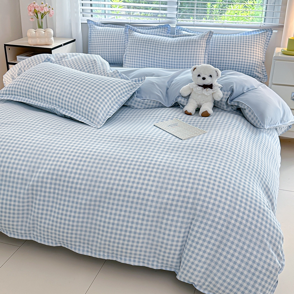 91家纺网 家纺一手货源 找家纺 楠沐家纺 2025新款格子芦荟棉磨毛四件套 心动蓝