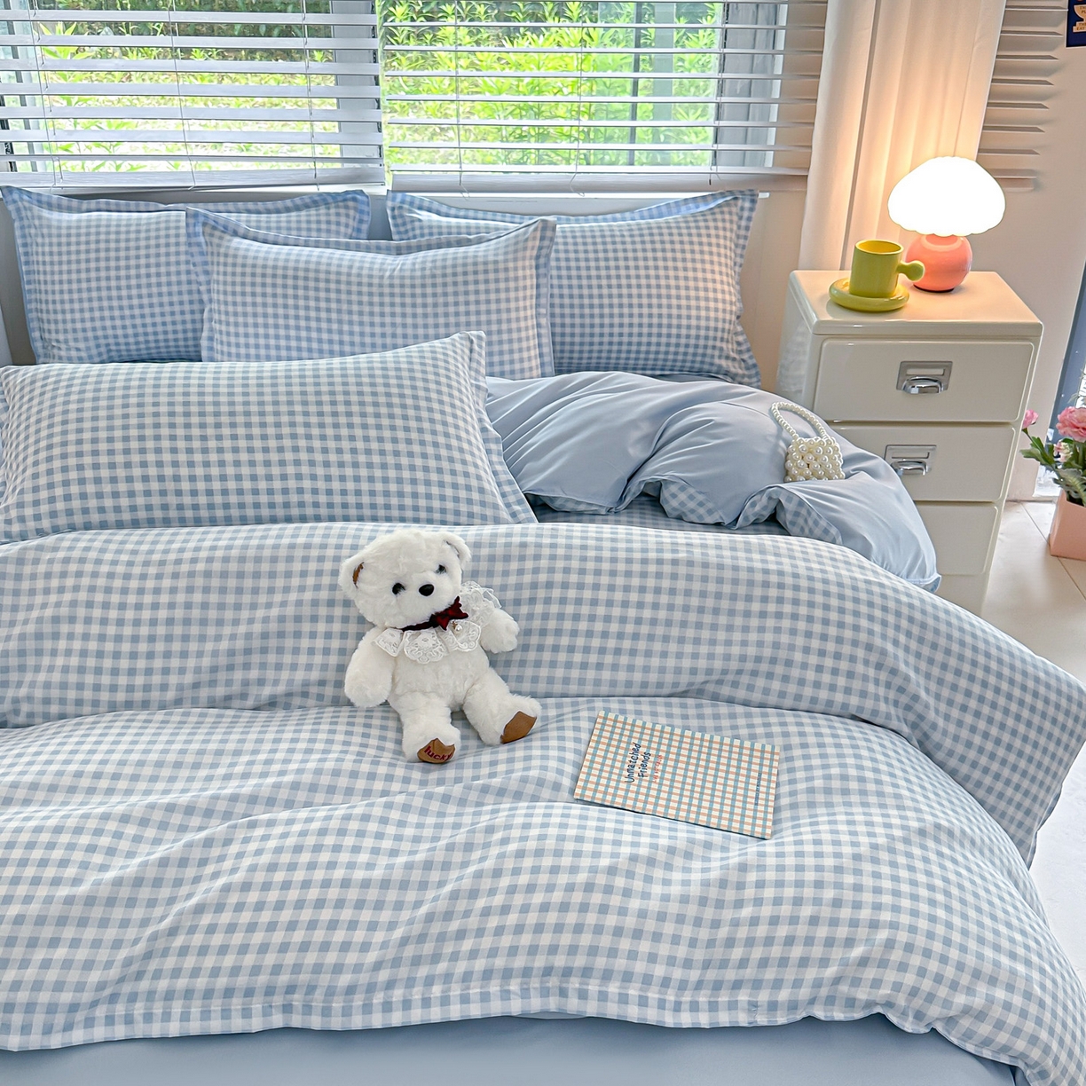 91家纺网 家纺一手货源 找家纺 楠沐家纺 2025新款格子芦荟棉磨毛四件套 心动蓝