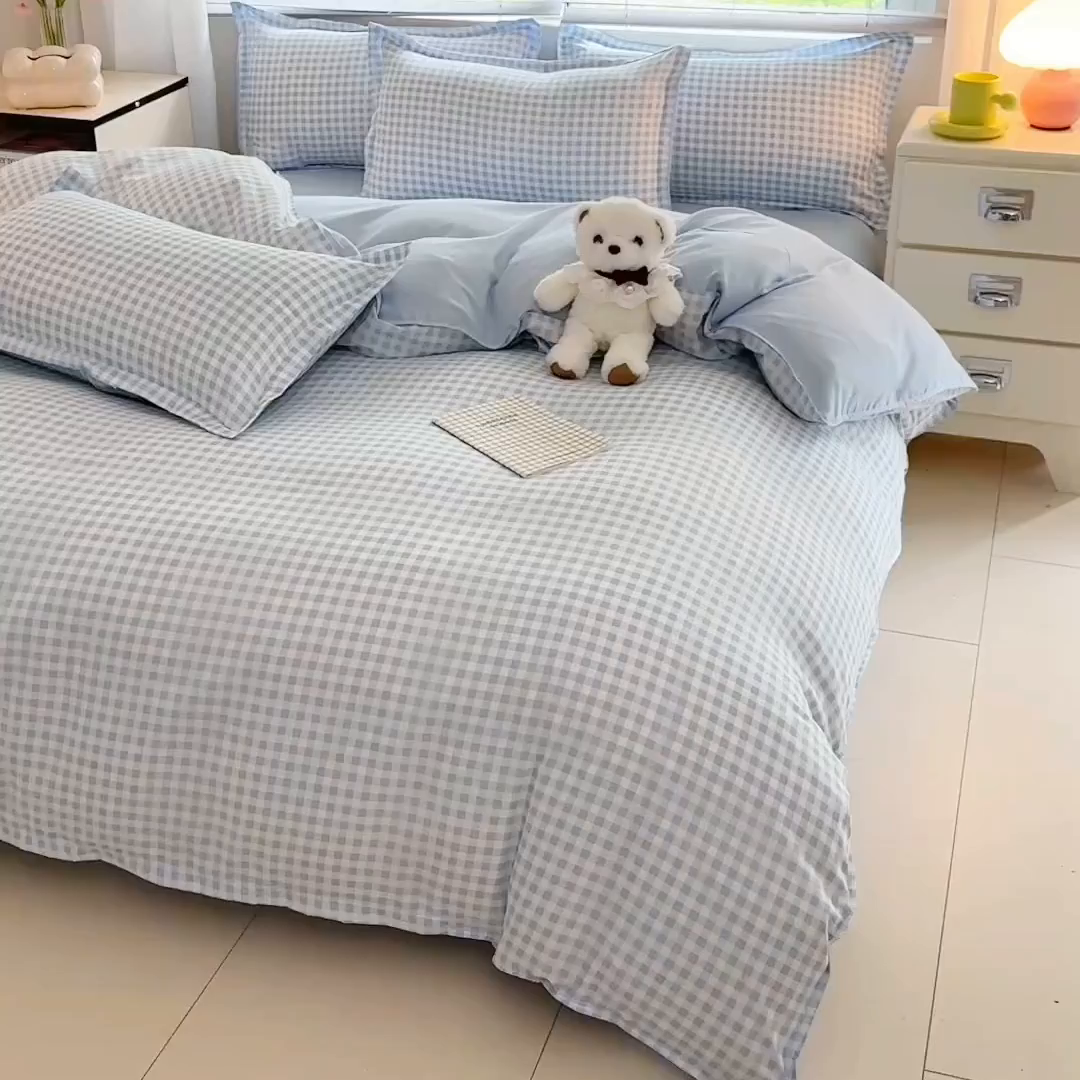 91家纺网 家纺一手货源 找家纺 楠沐家纺 2025新款格子芦荟棉磨毛四件套 心动蓝