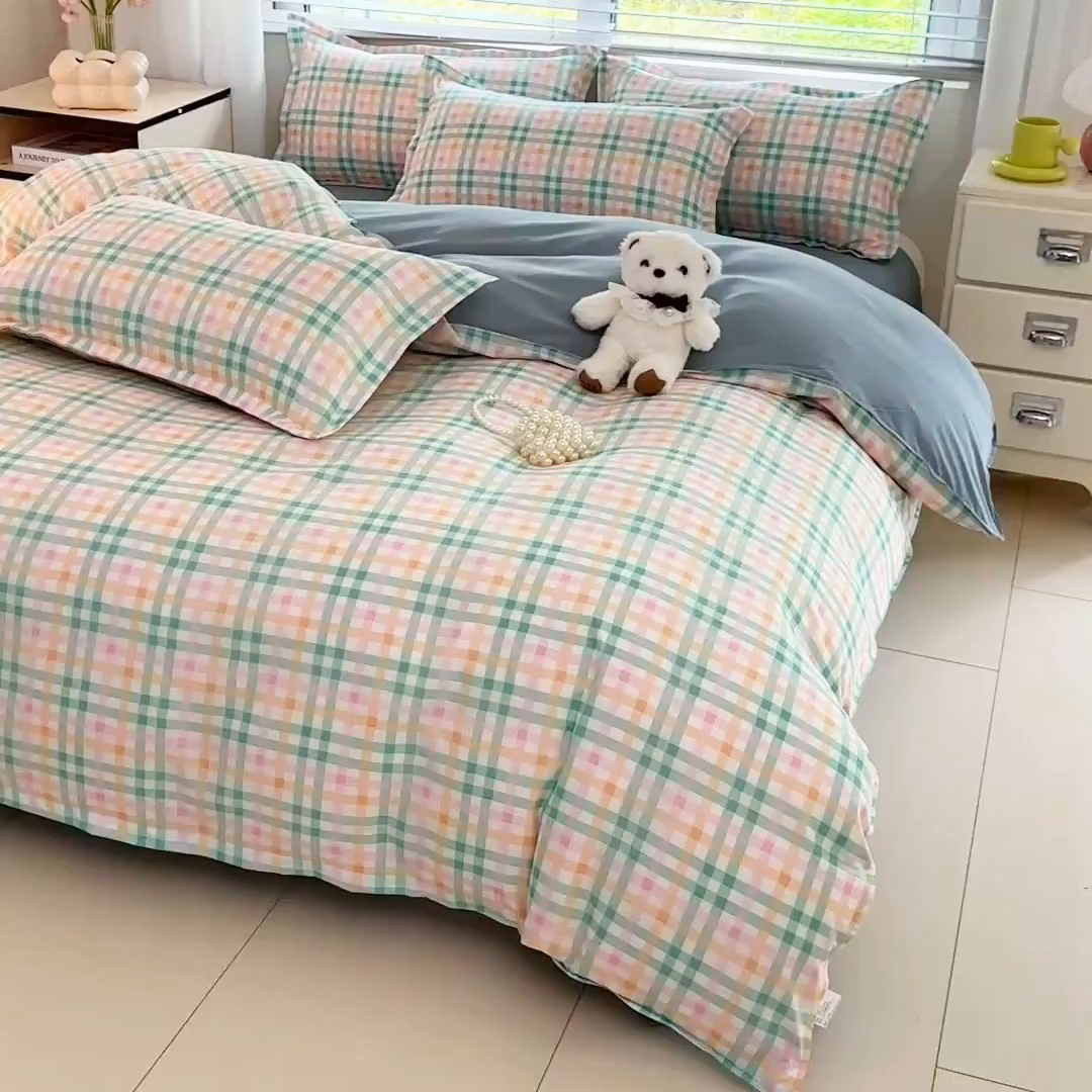 91家纺网 家纺一手货源 找家纺 楠沐家纺 2025新款格子芦荟棉磨毛四件套 冰淇淋格