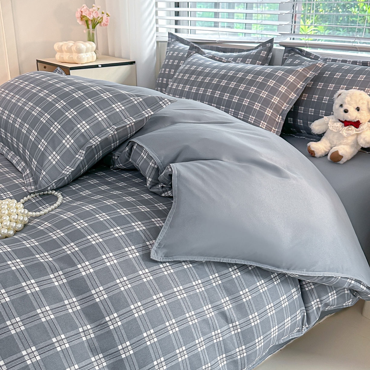 91家纺网 家纺一手货源 找家纺 楠沐家纺 2025新款格子芦荟棉磨毛四件套 赴约