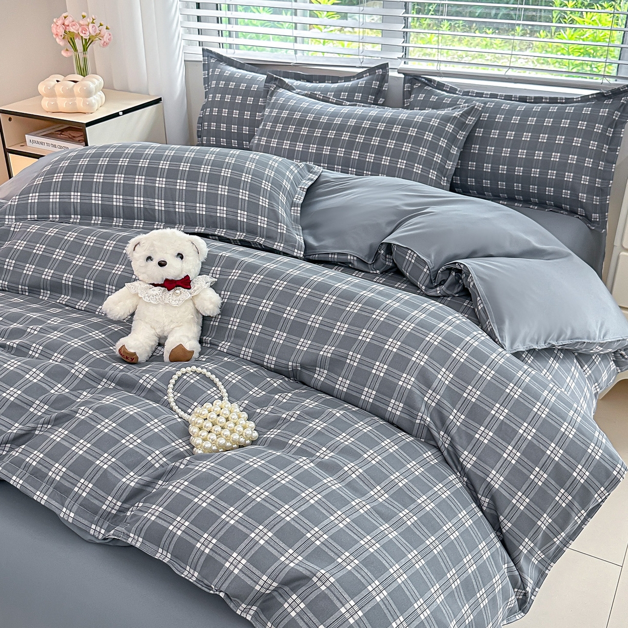 91家纺网 家纺一手货源 找家纺 楠沐家纺 2025新款格子芦荟棉磨毛四件套 赴约