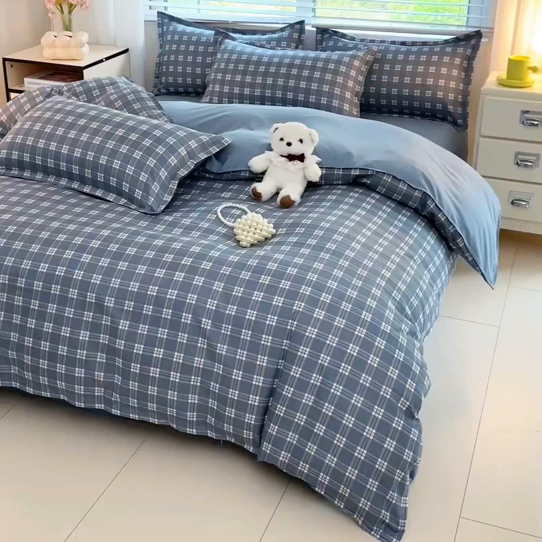 91家纺网 家纺一手货源 找家纺 楠沐家纺 2025新款格子芦荟棉磨毛四件套 赴约