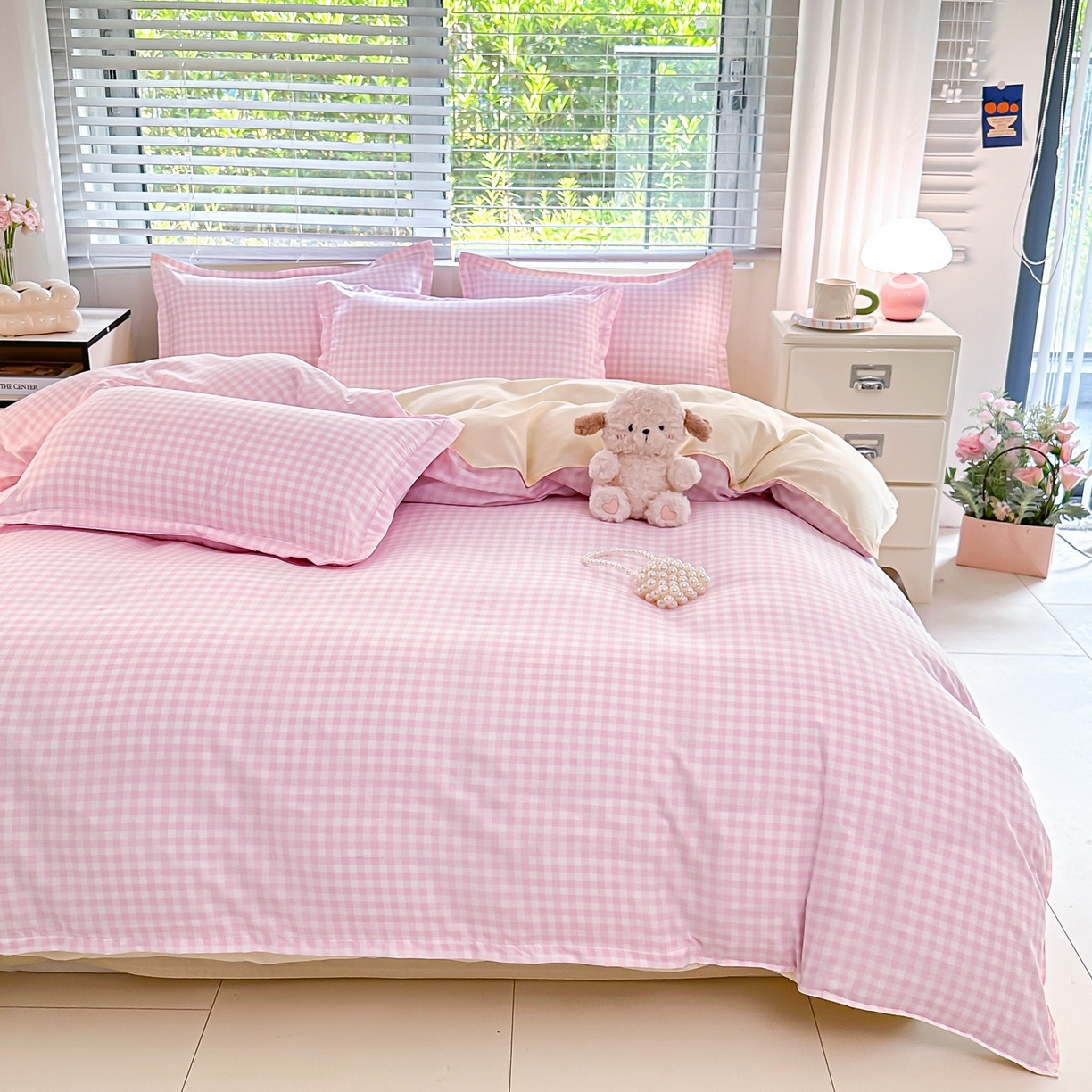 91家纺网 家纺一手货源 找家纺 楠沐家纺 2025新款格子芦荟棉磨毛四件套 心动粉