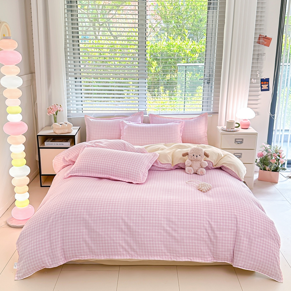 91家纺网 家纺一手货源 找家纺 楠沐家纺 2025新款格子芦荟棉磨毛四件套 心动粉