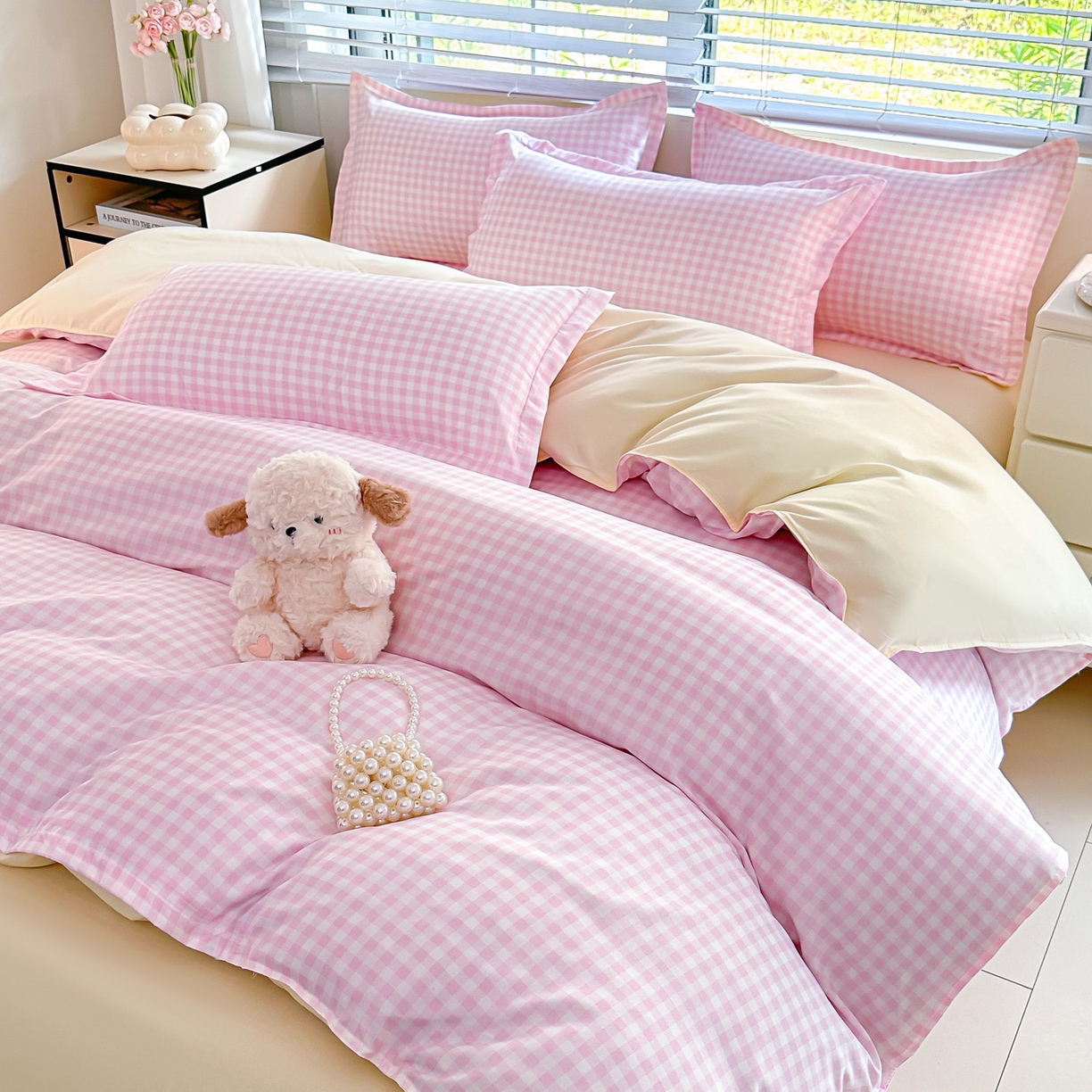 91家纺网 家纺一手货源 找家纺 楠沐家纺 2025新款格子芦荟棉磨毛四件套 心动粉