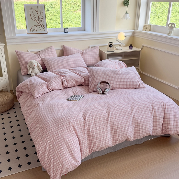 91家纺网 家纺一手货源 找家纺 菡宝 【不断货 预留5公分缩水】a类母婴级纯棉全棉色织水洗棉四件套 支持定制定做尺寸 粉格调