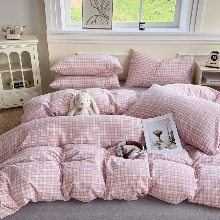 91家纺网 家纺一手货源 找家纺 菡宝 【不断货 预留5公分缩水】a类母婴级纯棉全棉色织水洗棉四件套 支持定制定做尺寸 粉格调