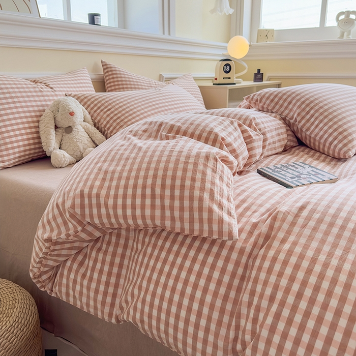 91家纺网 家纺一手货源 找家纺 菡宝 【不断货 预留5公分缩水】a类母婴级纯棉全棉色织水洗棉四件套 支持定制定做尺寸 粉小格