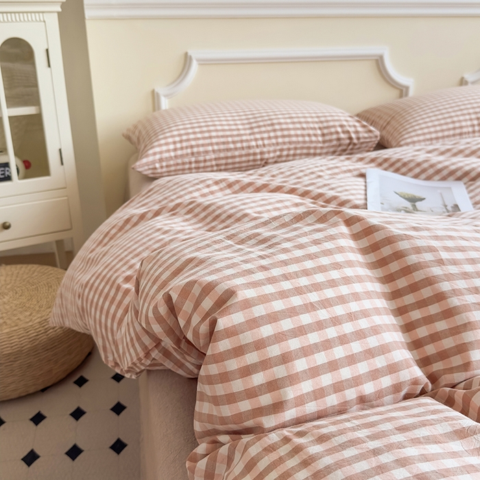 91家纺网 家纺一手货源 找家纺 菡宝 【不断货 预留5公分缩水】a类母婴级纯棉全棉色织水洗棉四件套 支持定制定做尺寸 粉小格