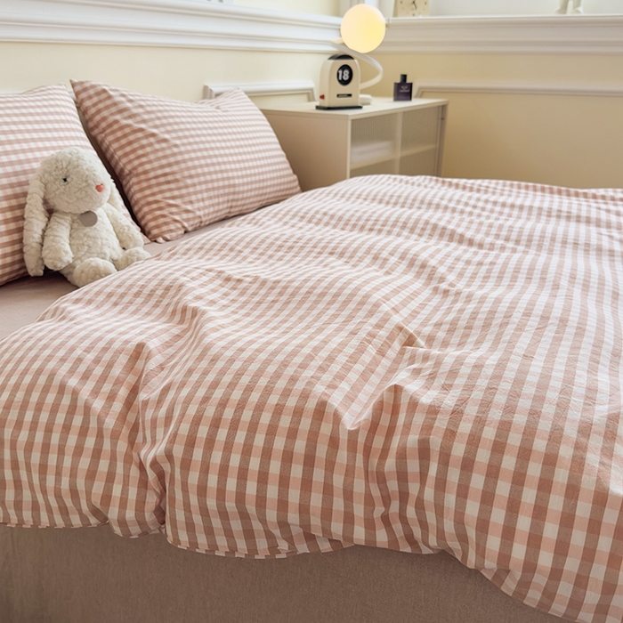 91家纺网 家纺一手货源 找家纺 菡宝 【不断货 预留5公分缩水】a类母婴级纯棉全棉色织水洗棉四件套 支持定制定做尺寸 粉小格