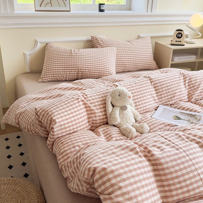 91家纺网 家纺一手货源 找家纺 菡宝 【不断货 预留5公分缩水】a类母婴级纯棉全棉色织水洗棉四件套 支持定制定做尺寸 粉小格