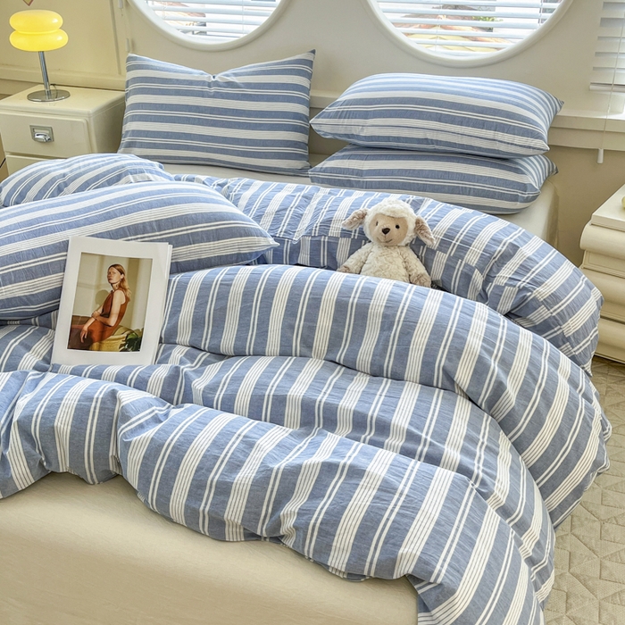 91家纺网 家纺一手货源 找家纺 菡宝 【不断货 预留5公分缩水】a类母婴级纯棉全棉色织水洗棉四件套 支持定制定做尺寸 赫本-海盐蓝