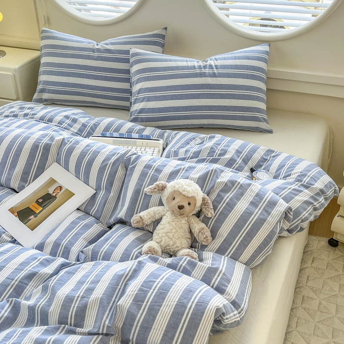 91家纺网 家纺一手货源 找家纺 菡宝 【不断货 预留5公分缩水】a类母婴级纯棉全棉色织水洗棉四件套 支持定制定做尺寸 赫本-海盐蓝