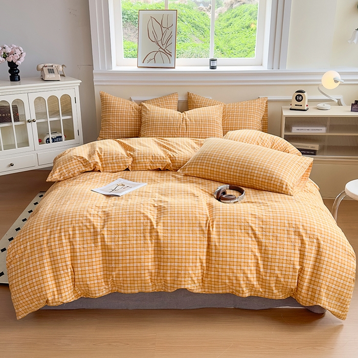 91家纺网 家纺一手货源 找家纺 菡宝 【不断货 预留5公分缩水】a类母婴级纯棉全棉色织水洗棉四件套 支持定制定做尺寸 黄格调