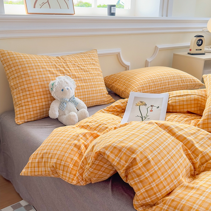 91家纺网 家纺一手货源 找家纺 菡宝 【不断货 预留5公分缩水】a类母婴级纯棉全棉色织水洗棉四件套 支持定制定做尺寸 黄格调