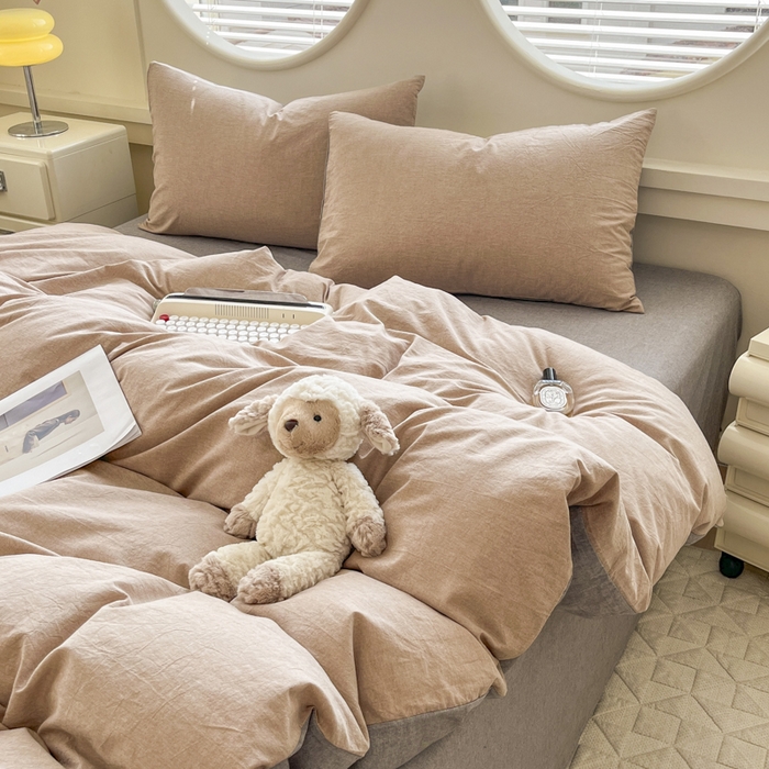 91家纺网 家纺一手货源 找家纺 菡宝 【不断货 预留5公分缩水】a类母婴级纯棉全棉色织水洗棉四件套 支持定制定做尺寸 简约棕灰