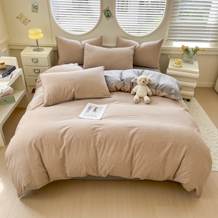 91家纺网 家纺一手货源 找家纺 菡宝 【不断货 预留5公分缩水】a类母婴级纯棉全棉色织水洗棉四件套 支持定制定做尺寸 简约棕灰