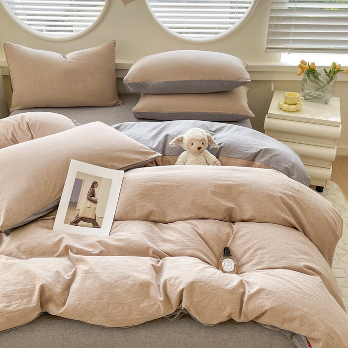 91家纺网 家纺一手货源 找家纺 菡宝 【不断货 预留5公分缩水】a类母婴级纯棉全棉色织水洗棉四件套 支持定制定做尺寸 简约棕灰