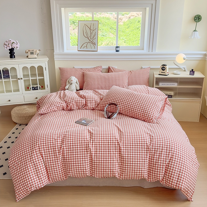 91家纺网 家纺一手货源 找家纺 菡宝 【不断货 预留5公分缩水】a类母婴级纯棉全棉色织水洗棉四件套 支持定制定做尺寸 橘红小格