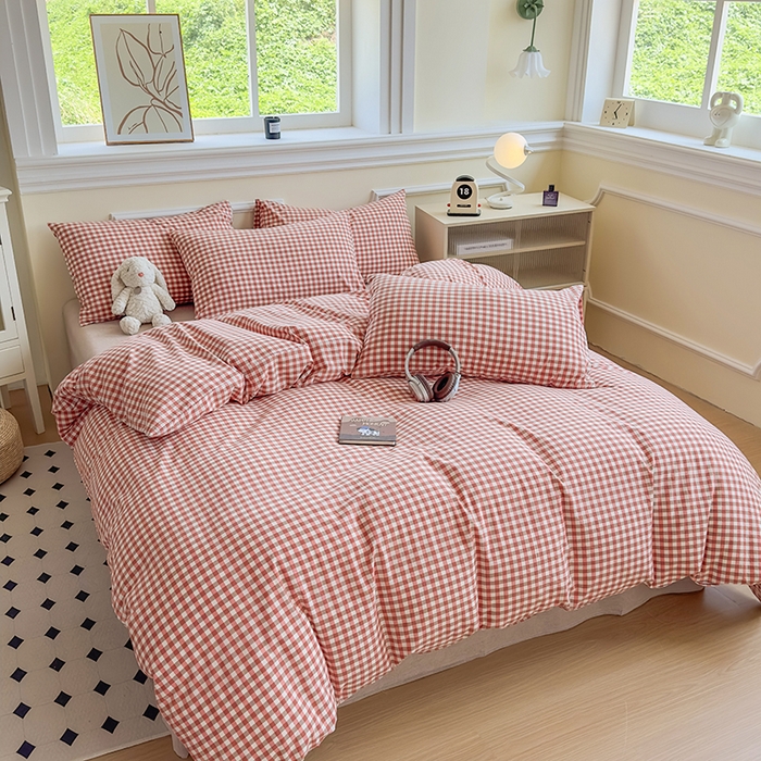 91家纺网 家纺一手货源 找家纺 菡宝 【不断货 预留5公分缩水】a类母婴级纯棉全棉色织水洗棉四件套 支持定制定做尺寸 橘红小格