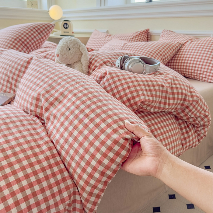 91家纺网 家纺一手货源 找家纺 菡宝 【不断货 预留5公分缩水】a类母婴级纯棉全棉色织水洗棉四件套 支持定制定做尺寸 橘红小格