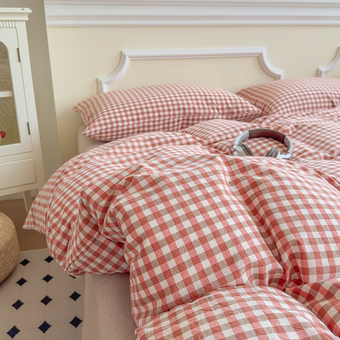 91家纺网 家纺一手货源 找家纺 菡宝 【不断货 预留5公分缩水】a类母婴级纯棉全棉色织水洗棉四件套 支持定制定做尺寸 橘红小格