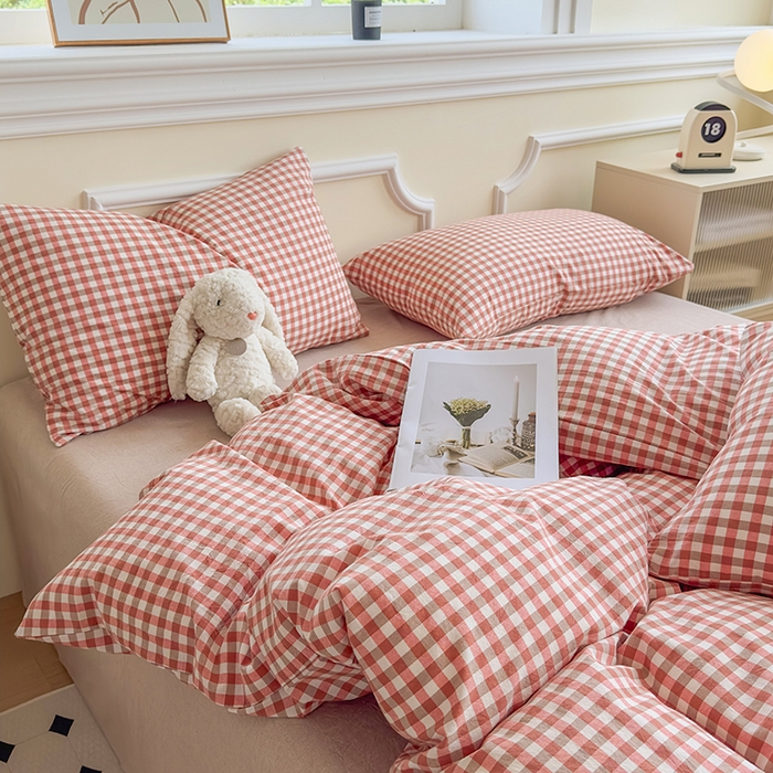 91家纺网 家纺一手货源 找家纺 菡宝 【不断货 预留5公分缩水】a类母婴级纯棉全棉色织水洗棉四件套 支持定制定做尺寸 橘红小格